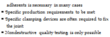 Подпись: adherents is necessary in many cases • Specific production requirements to be met • Specific clamping devices are often required to fix the joint • Nondestructive quality testing is only possible 