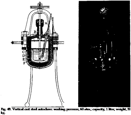 Подпись: Fig. 48. Vertical cast steel autoclave: working pressure, 60 atm.; capacity, 1 liter; weight, 30 kg. 