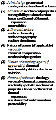 Подпись: (1) Joint design geometrical configuration bondline thickness (2) Adherends mechanical properties susceptibility to deterioration linear coefficient of thermal expansion permeability (3) Adherend surface surface chemistry surface topography surface cleanliness (4) Nature of primer (if applicable) viscosity chemical composition mechanical properties (5) Nature of coupling agent (if applicable) chemical functionality dilution factor in solution (6) Nature of adhesive rheology - viscosity chemical composition reactivity - pot-life mechanical properties linear coefficient of thermal expansion resistance to biodeterioration permeability 