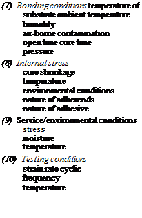 Подпись: (7) Bonding conditions temperature of substrate ambient temperature humidity air-borne contamination open time cure time pressure (8) Internal stress cure shrinkage temperature environmental conditions nature of adherends nature of adhesive (9) Service/environmental conditions stress moisture temperature (10) Testing conditions strain rate cyclic frequency temperature 