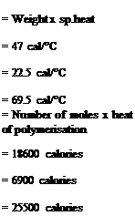 Подпись: = Weight x sp.heat = 47 cal/°C = 22.5 cal/°C = 69.5 cal/°C = Number of moles x heat of polymerisation = 18600 calories = 6900 calories = 25500 calories 