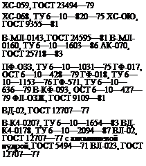 Подпись: ХС-059, ГОСТ 23494—79 ХС-068, ТУ 6—10—820—75 ХС-ОЮ, ГОСТ 9355—81 В-МЛ-0143, ГОСТ 24595—81 В-МЛ-0160, ТУ 6—10—1603—86 АК-070, ГОСТ 25718—83 ПФ-ОЗЗ, ТУ 6—10—1031—75 ГФ-017, ОСТ 6—10—428—79 ГФ-018, ТУ 6—10—1153—76 ГФ-571, ТУ 6—10—636—79 В-КФ-093, ОСТ 6—10—427—79 ФЛ-ОЗЖ, ГОСТ 9109—81 ВД-02, ГОСТ 12707—77 В-К4-0207, ТУ 6—10—1654—83 ВД-К4-0178, ТУ 6—10—2094—87 ВЛ-02, ГОСТ 12707—77 с алюминие-вой пудрой, ГОСТ 5494—71 ВЛ-023, ГОСТ 12707—77 