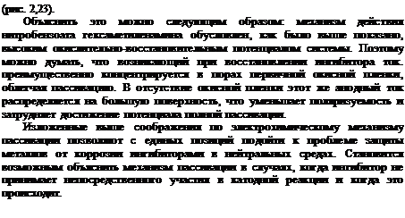 Подпись: (рис. 2,23). Объяснить это можно следующим образом: механизм действия нитробензоата гексаметиленамина обусловлен, как было выше показано, высоким окислительно-восстановительным потенциалом системы. Поэтому можно думать, что возникающий при восстановлении ингибитора ток. преимущественно концентрируется в порах первичной окисной пленки, облегчая пассивацию. В отсутствие окисной пленки этот же анодный ток распределяется на большую поверхность, что уменьшает поляризуемость и затрудняет достижение потенциала полной пассивации. Изложенные выше соображения по электрохимическому механизму пассивации позволяют с единых позиций подойти к проблеме защиты металлов от коррозии ингибиторами в нейтральных средах. Становится возможным объяснить механизм пассивации в случаях, когда ингибитор не принимает непосредственного участия в катодной реакции и когда это происходит. 