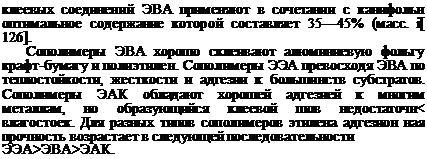 Подпись: клеевых соединений ЭВА применяют в сочетании с канифольн оптимальное содержание которой составляет 35—45% (масс. i[ 126]. Сополимеры ЭВА хорошо склеивают алюминиевую фольгу крафт-бумагу и полиэтилен. Сополимеры ЭЭА превосходя ЭВА по теплостойкости, жесткости и адгезии к большинств субстратов. Сополимеры ЭАК обладают хорошей адгезией к многим металлам, но образующийся клеевой шов недостаточн< влагостоек. Для разных типов сополимеров этилена адгезион ная прочность возрастает в следующей последовательности ЭЭА>ЭВА>ЭАК. 