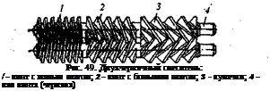 Подпись: Рис. 49. Двухчервячный смеситель: / - винт с малым шагом; 2 - винт с большим шагом; 3 - кулачки; 4 - вал винта (червяка) 