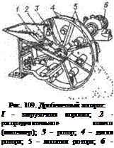 Подпись: Рис. 109. Дробеметный аппарат: І - загрузочная воронка; 2 - распределительное колесо (импеллер); 3 - ротор; 4 - диски ротора; 5 - лопатки ротора; 6 - электродвигатель 
