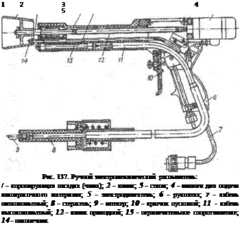 Подпись: 12 3 4 5 Рис. 137. Ручной электромеханический распылитель: / - коронирующая насадка (чаша); 2 - валик; 3 - ствол; 4 - шланги для подачи лако-красочного материала; 5 - электродвигатель; 6 - рукоятка; 7 - кабель низковольтный; 8 - стержень; 9 - штекер; 10 - крючок пусковой; 11 - кабель высоковольтный; 12 - валик приводной; 13 - ограничительное сопротивление; 14 - наконечник 